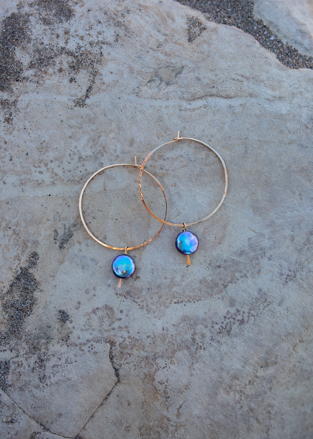 Peacock blue coin pearls on large gold hoops