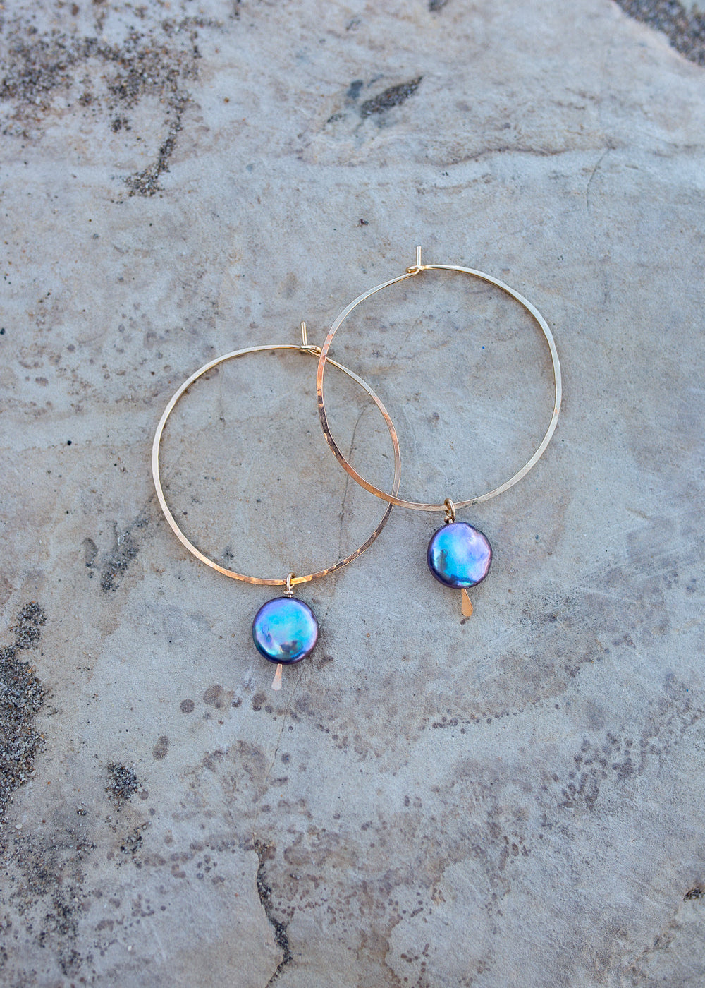 Peacock blue coin pearls on large gold hoops