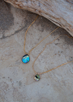 Alternate view of gold venetian chain necklaces with one large abalone pendant and one small abalone pendant