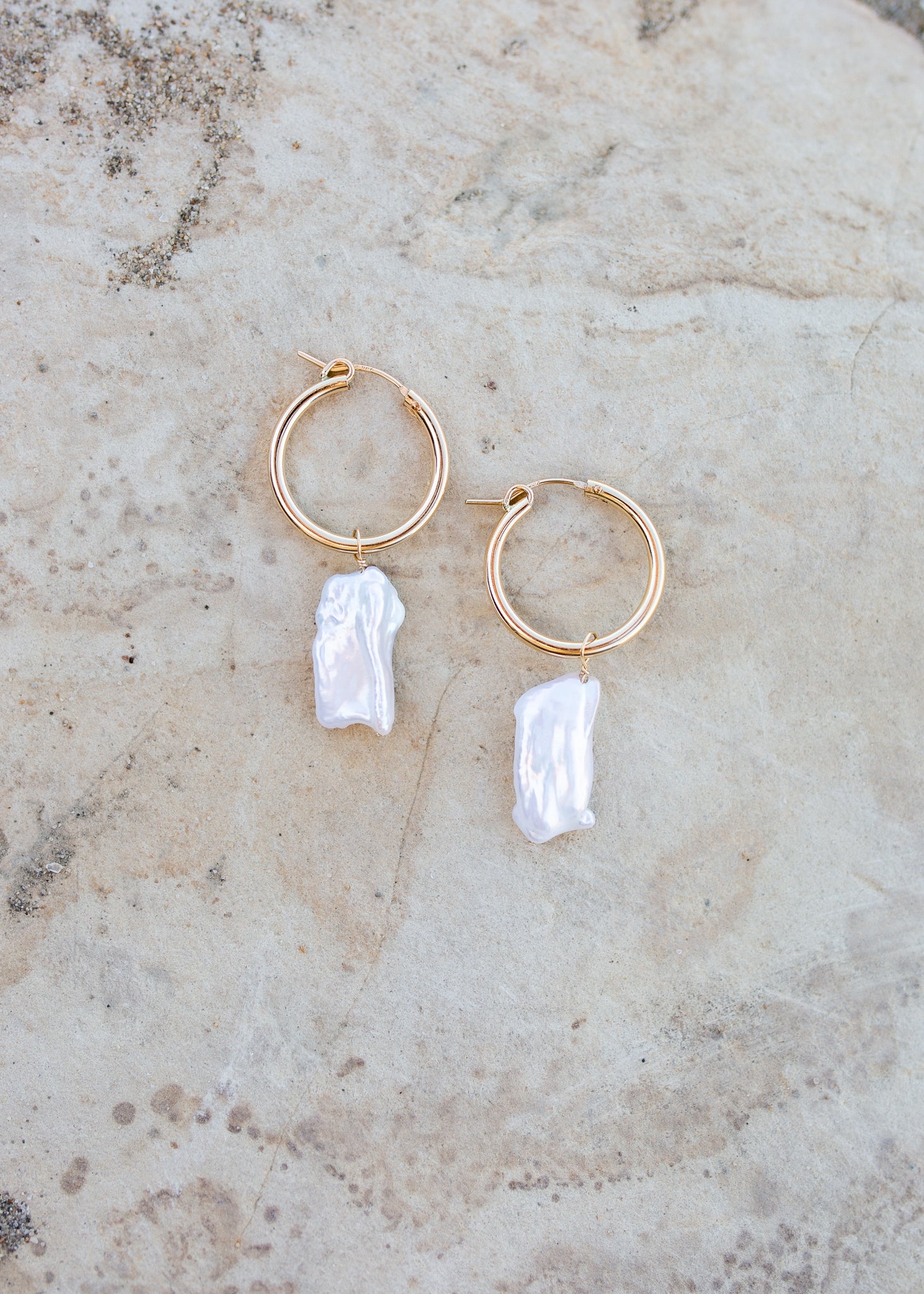 Gold hoops with chunky white biwa pearl nuggets