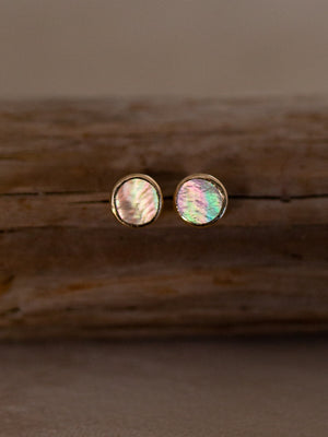 Pair of round gold earring studs with colorful mother of pearl on a driftwood background